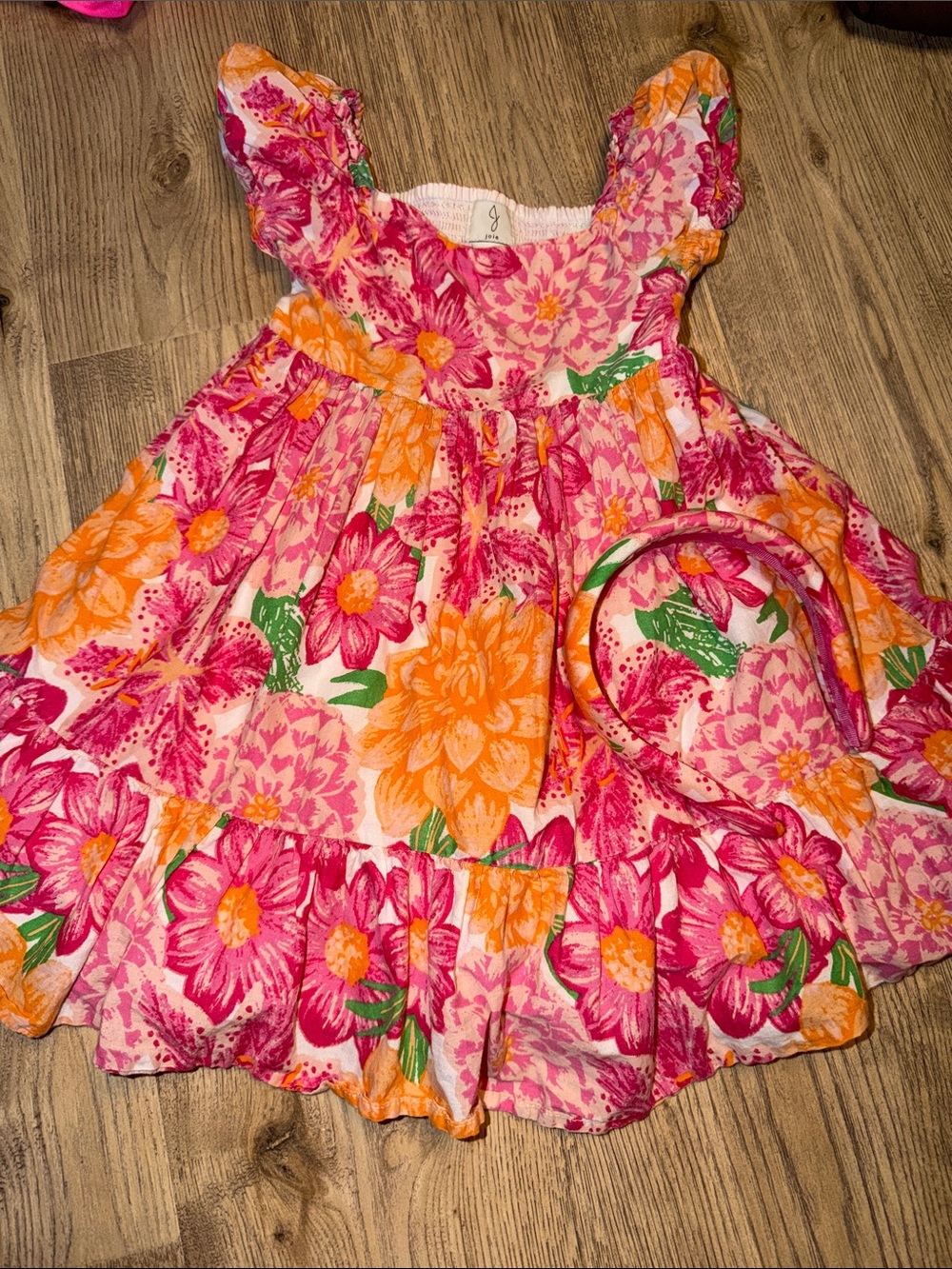 Joie Girls Floral Pink and Orange Tiered dress with Headband